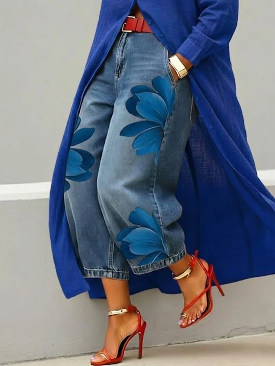 American Street Flower Printed High Waisted Jeans with Loose and Wide Legs