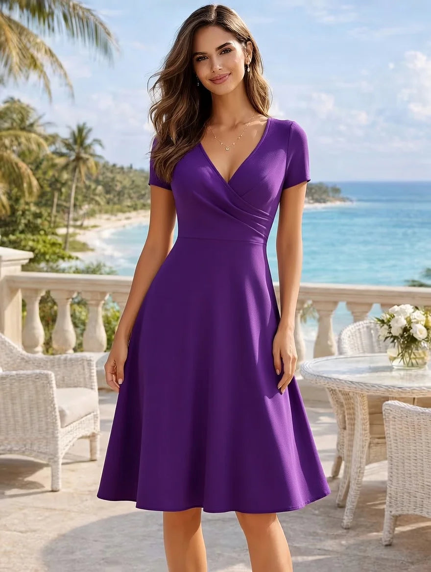 Women's Elegant Round Neck Summer Short Sleeve Solid A-Line Knee-length Dress