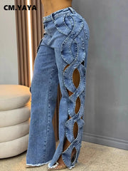 CM.YAYA Women Streetwear Cutout Hollow Out Criss Cross Side Wide Leg  Blue Denim Pants