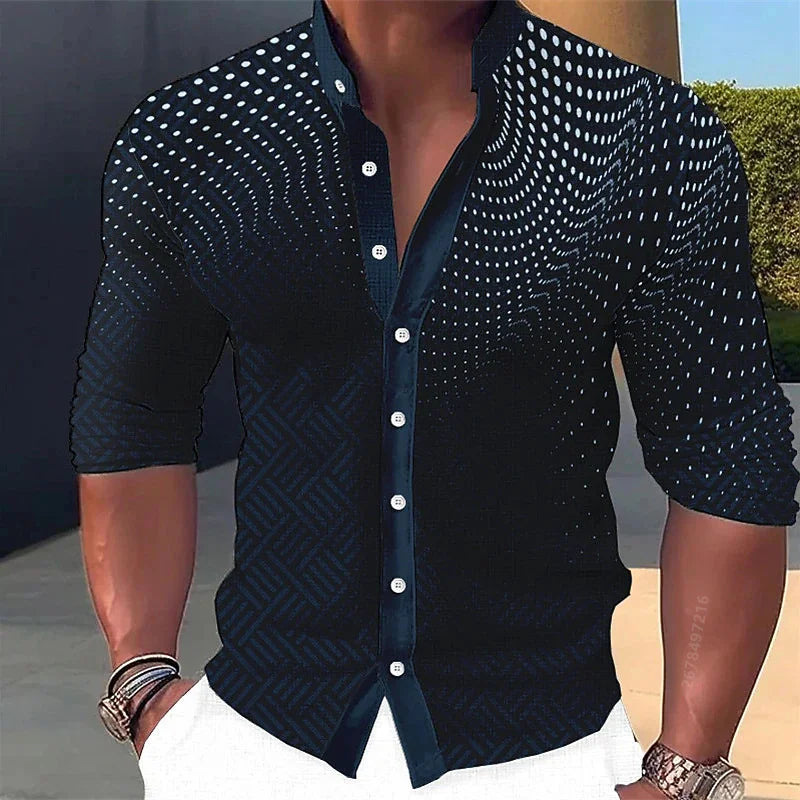 Men's long-sleeved shirt, stylish geometric print shirt, business casual slim-fit long-sleeved collared shirt for men.