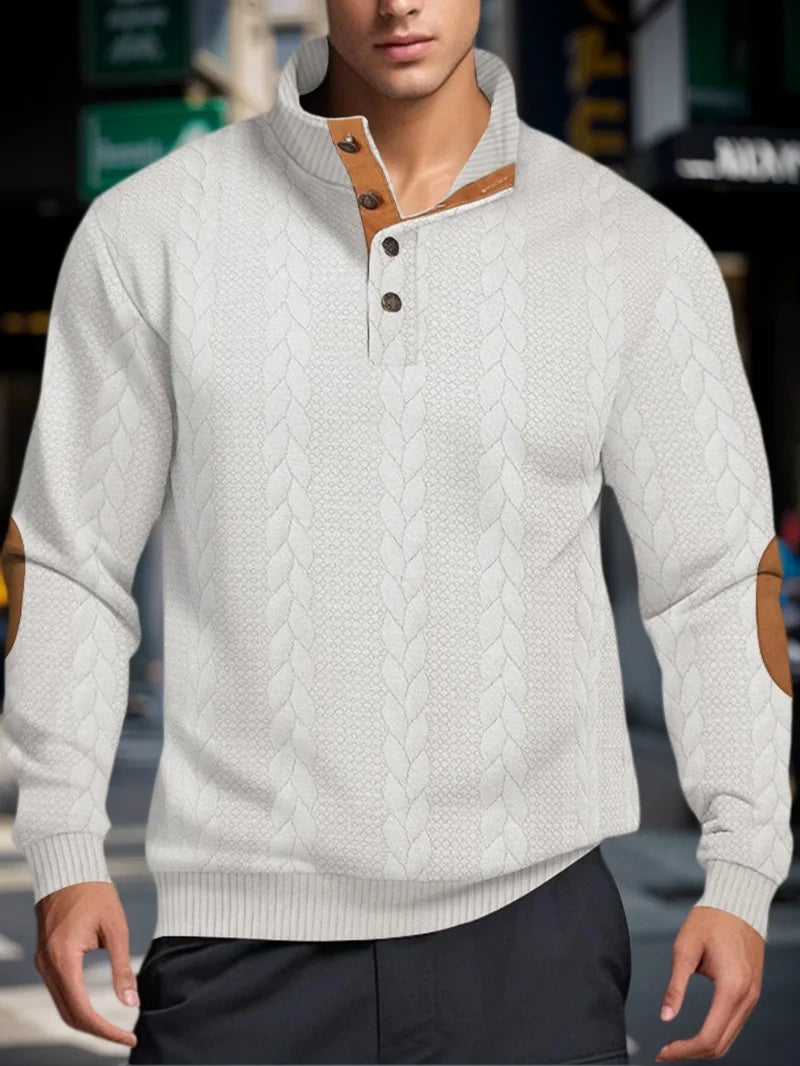 Men’s Knitted Jacquard Sweaters Button Stand-up Collar Warm Pullover Sweaters