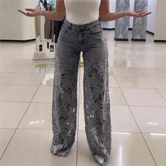 Fashion Elegant Jeans for Women High Waist Lace Patchwork Pantalones Hollow Out Oversized Spring Casual Loose All Match Pants