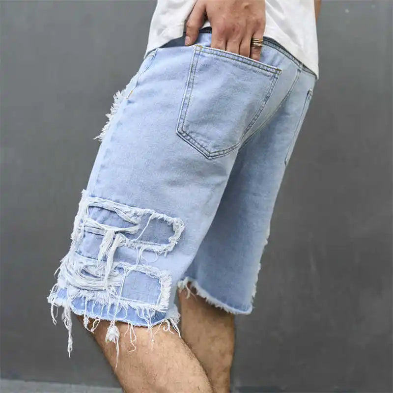 Denim Hole Knee Length Men Washed Jean Mid Waist Spliced Ripped Pockets