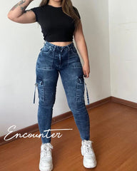 Straight Cargo Jeans Women's Streetwear Stretchy High Waisted New Fashion Jeans Unique Multi-Pocket Female Style Fall Pantalones