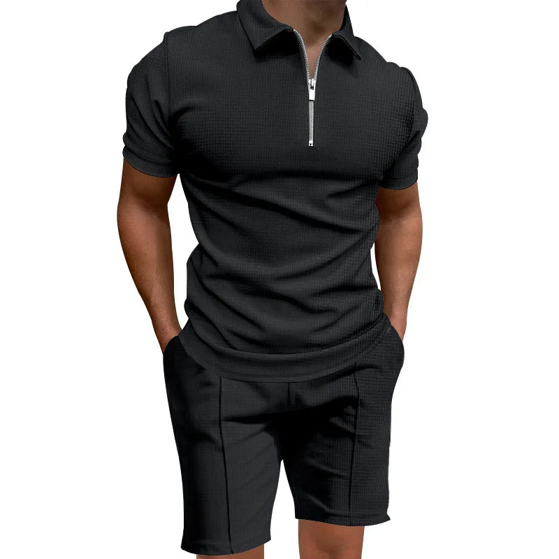 Men's summer suits solid color waffle lapel slim-fit short sleeve t-shirt