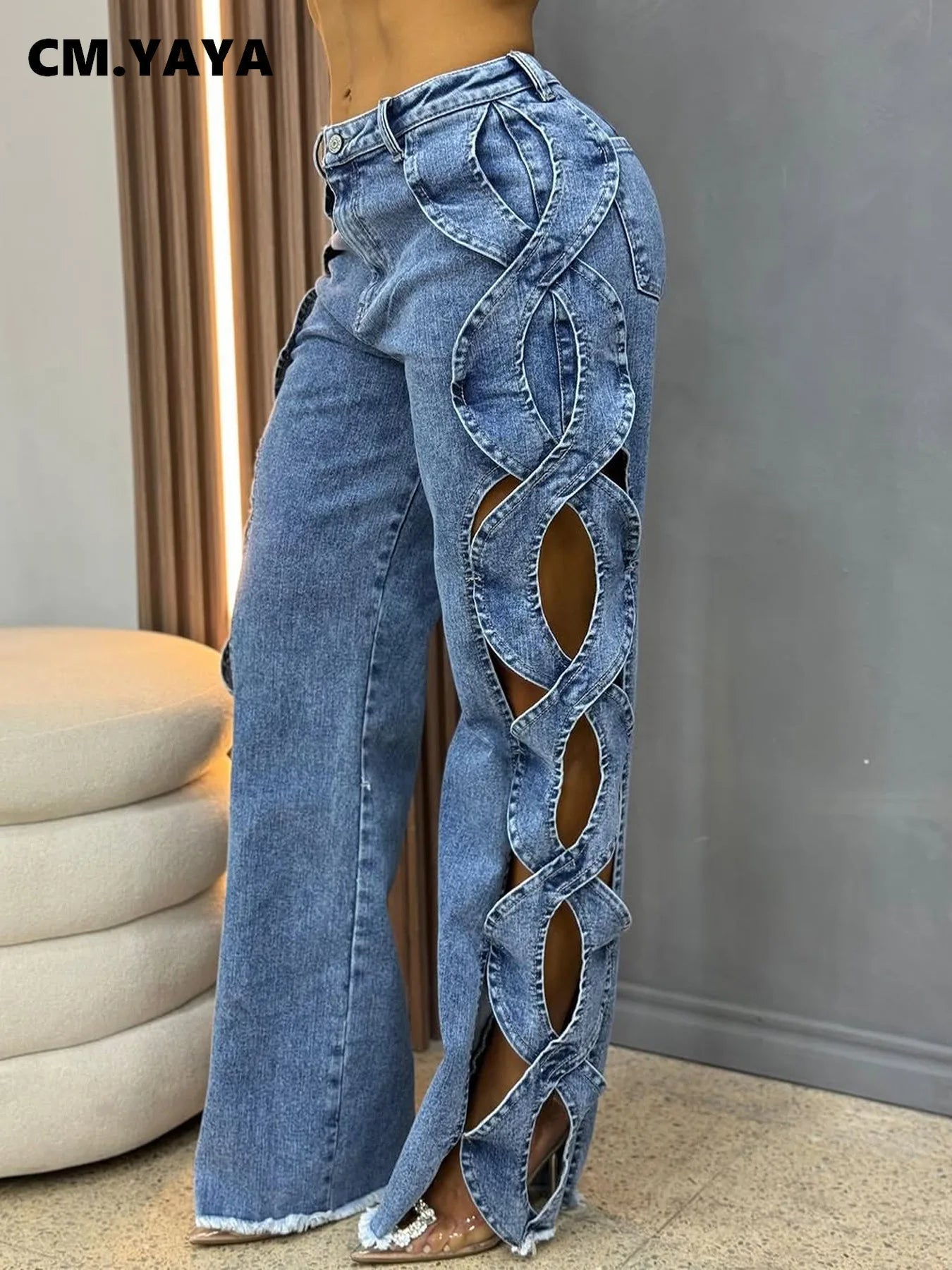 CM.YAYA Women Streetwear Cutout Hollow Out Criss Cross Side Wide Leg  Blue Denim Pants