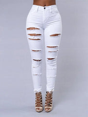 Elastic Trousers Black and White Ripped Jeans Fashion Sexy Skinny Denim Pencil Pants