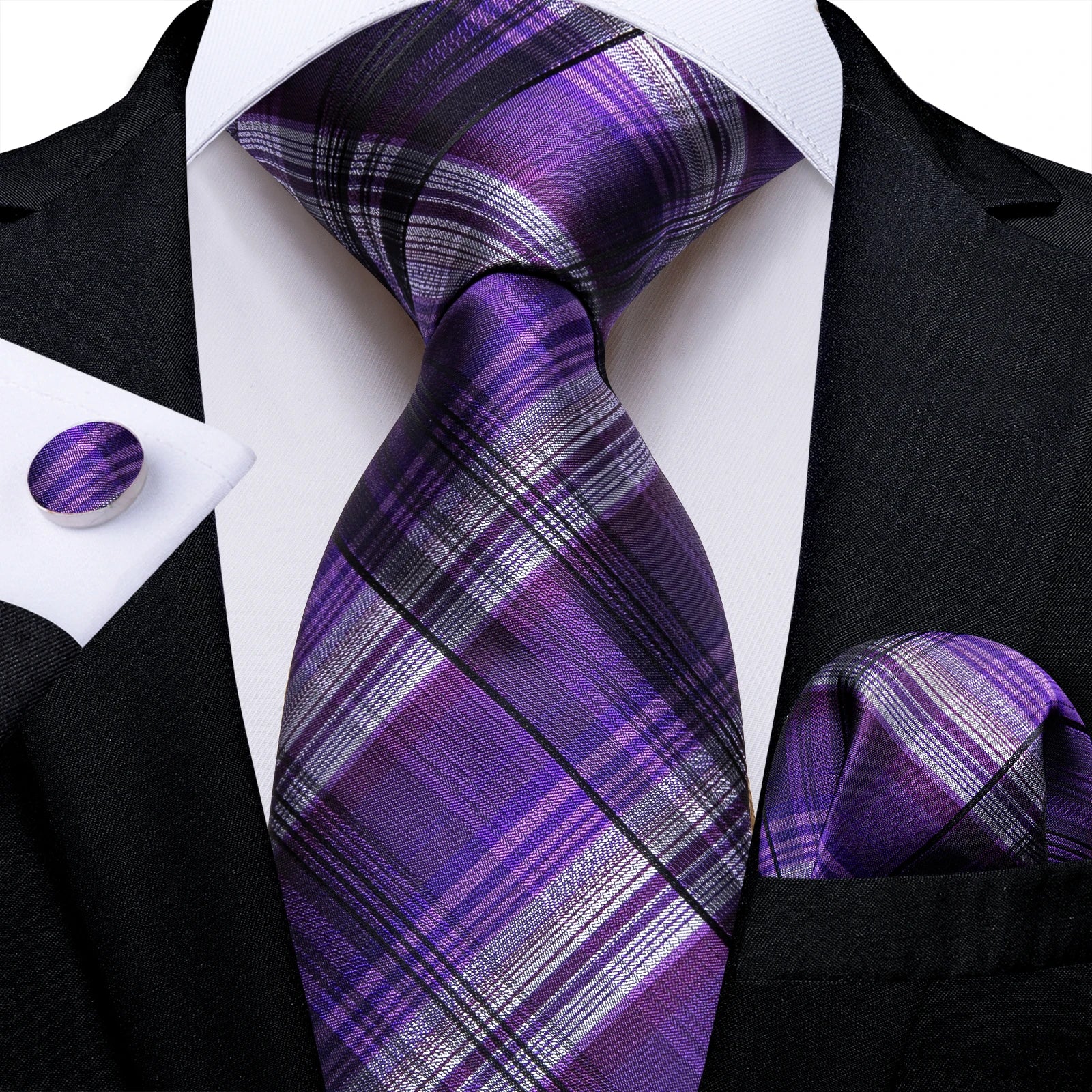 Luxury Blue Plaid Dot Ties For Men Solid Wedding Accessories Neck Tie Handkerchief Cufflinks Set Gravatas Mens Gift DiBanGu