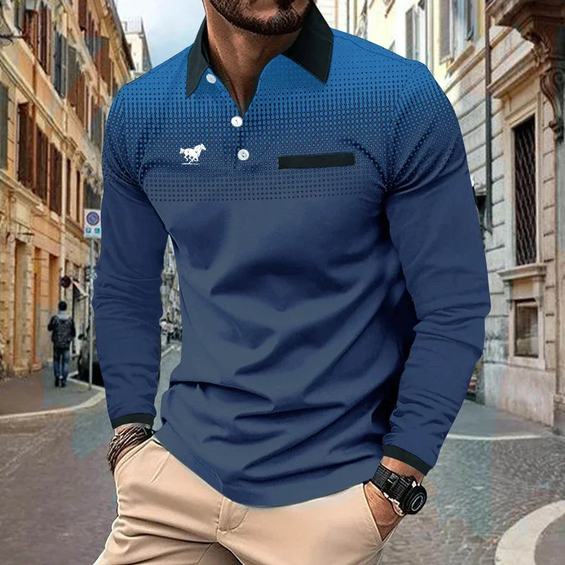 Men Clothes New Long Sleeve 3D Digital Print Lapel Polo Shirt Men Fashion Fake Pocket Stitching Tops Men Golf Polo Shirt