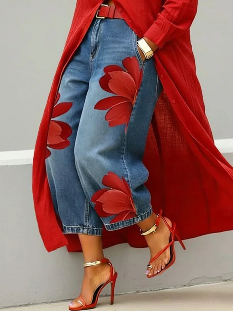 American Street Flower Printed High Waisted Jeans with Loose and Wide Legs