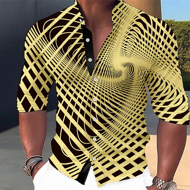 Men's long-sleeved shirt, stylish geometric print shirt, business casual slim-fit long-sleeved collared shirt for men.