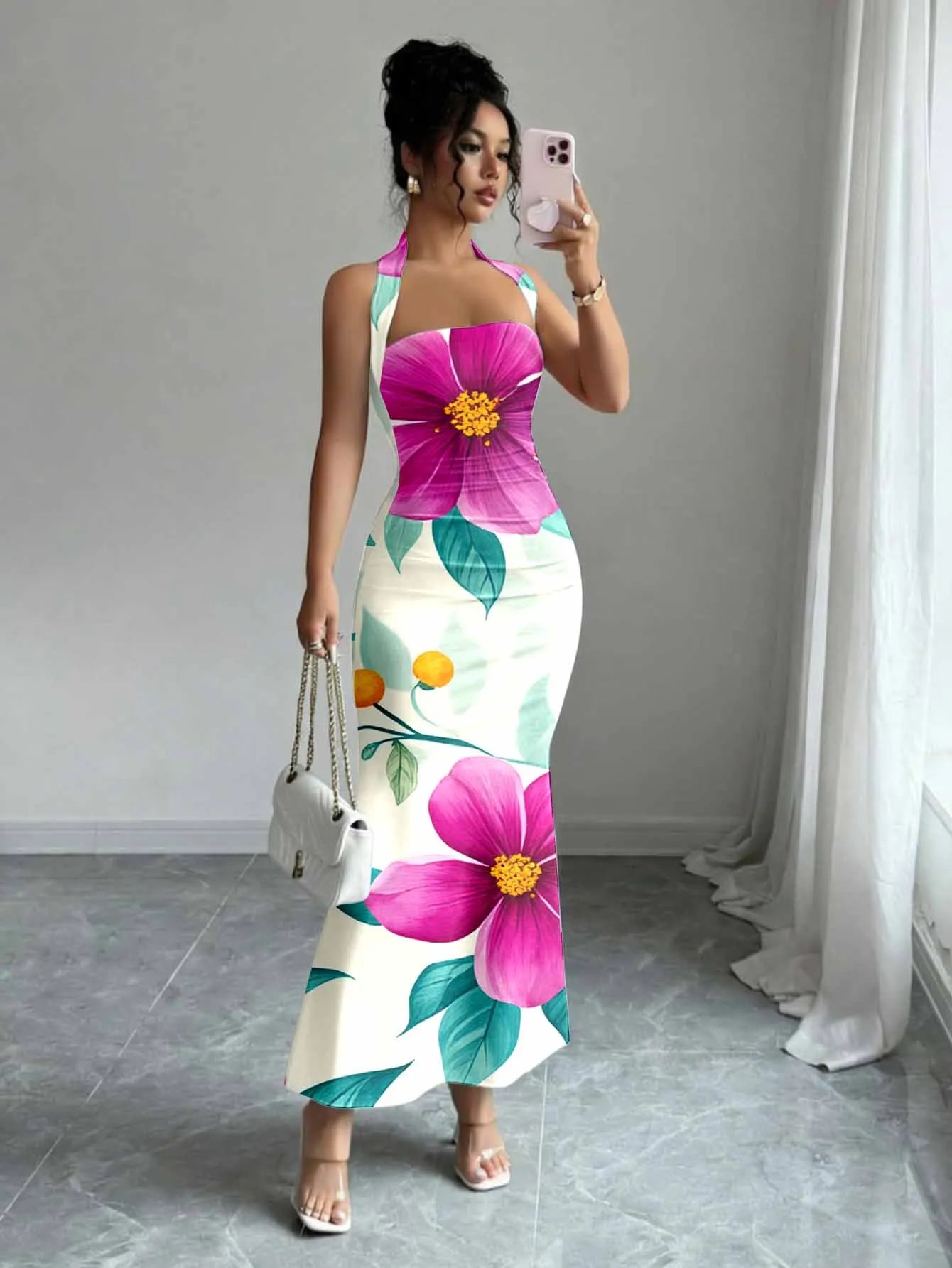 Hip-Hugging Sleeveless Long Skirt with Hanging Neck Design