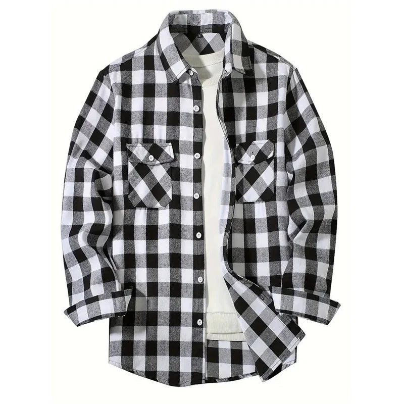 Mens Shirts fashion Classic Plaid cardigan Casual Shirt Long Sleeve Chest Two Pockets