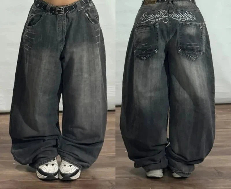 Letters Embroidered Big Pockets Washed Baggy Jeans Women High Street Vintage