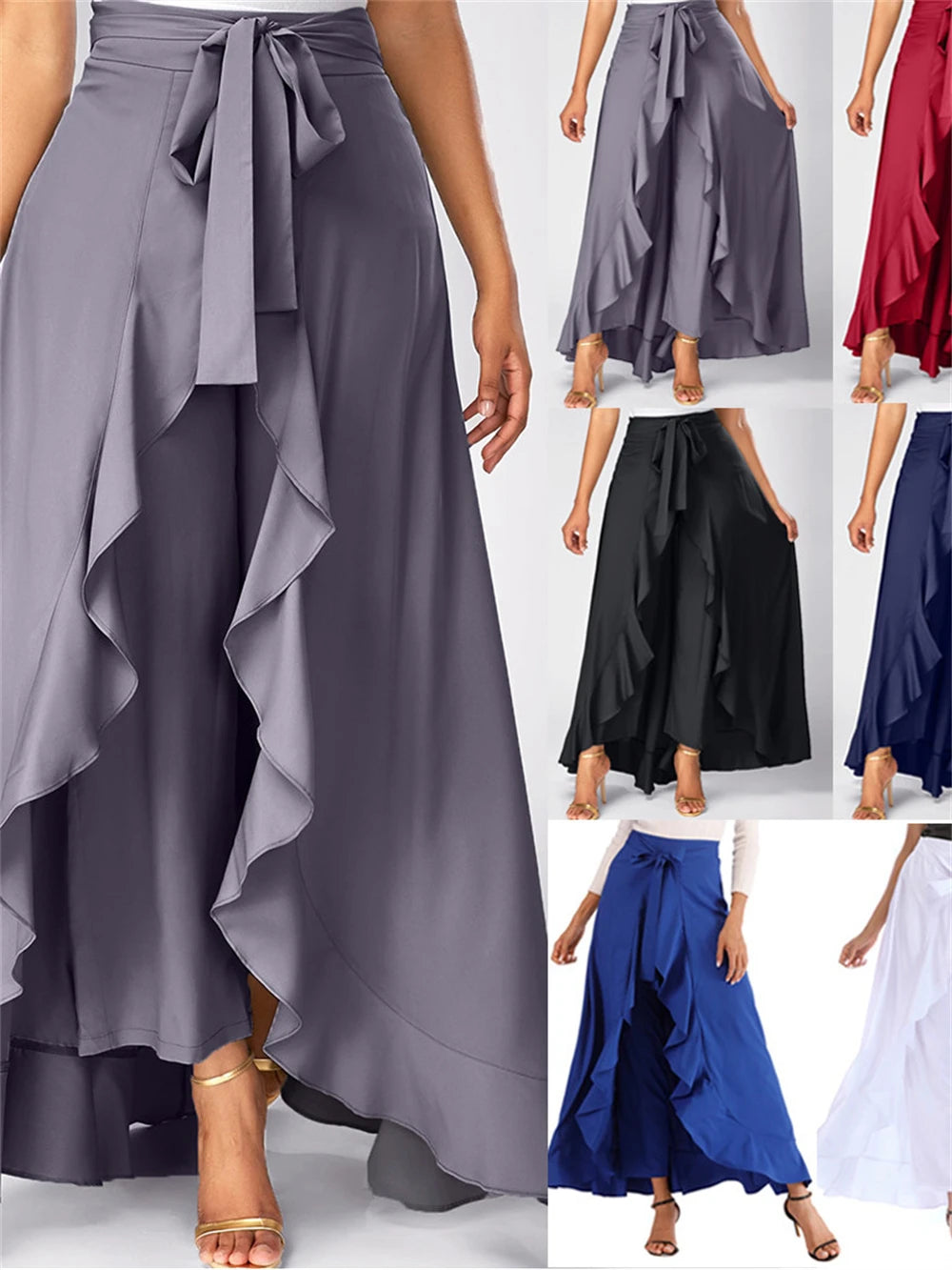 Short Front Long Back Party Skirts Irregular High Low Grey Side Zipper Tie casual Wild Front Overlay Pants Ruffle Long Skirt