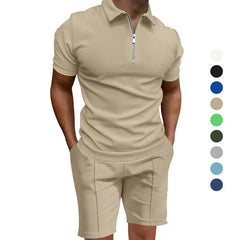 Men's summer suits solid color waffle lapel slim-fit short sleeve t-shirt