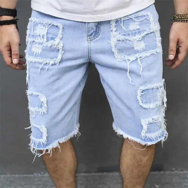 Denim Hole Knee Length Men Washed Jean Mid Waist Spliced Ripped Pockets