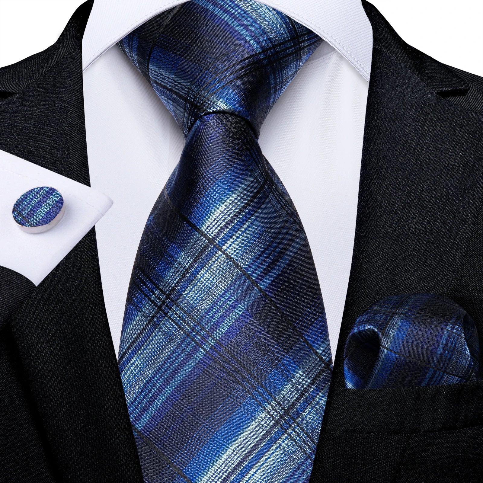 Luxury Blue Plaid Dot Ties For Men Solid Wedding Accessories Neck Tie Handkerchief Cufflinks Set Gravatas Mens Gift DiBanGu