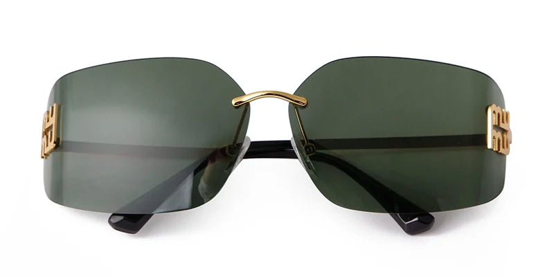 Trend Curved Rimless Film Lens Sunglasses Women Men Brand Design Metal Rivets Gradient Frameless Rectangle Shades Sun Glasses UV