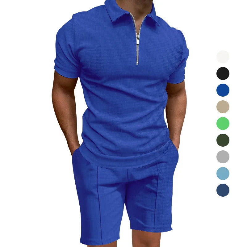 Men's summer suits solid color waffle lapel slim-fit short sleeve t-shirt