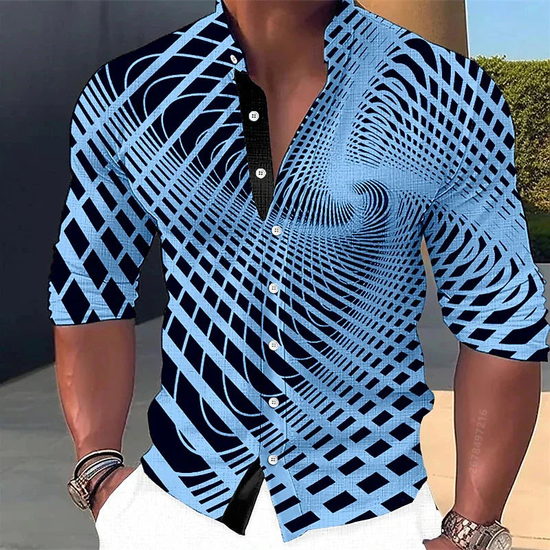 Men's long-sleeved shirt, stylish geometric print shirt, business casual slim-fit long-sleeved collared shirt for men.