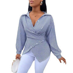 Women's Shirts Striped Printed New Fashion Loose Casual Blouses Irregular Cross Long-sleeved