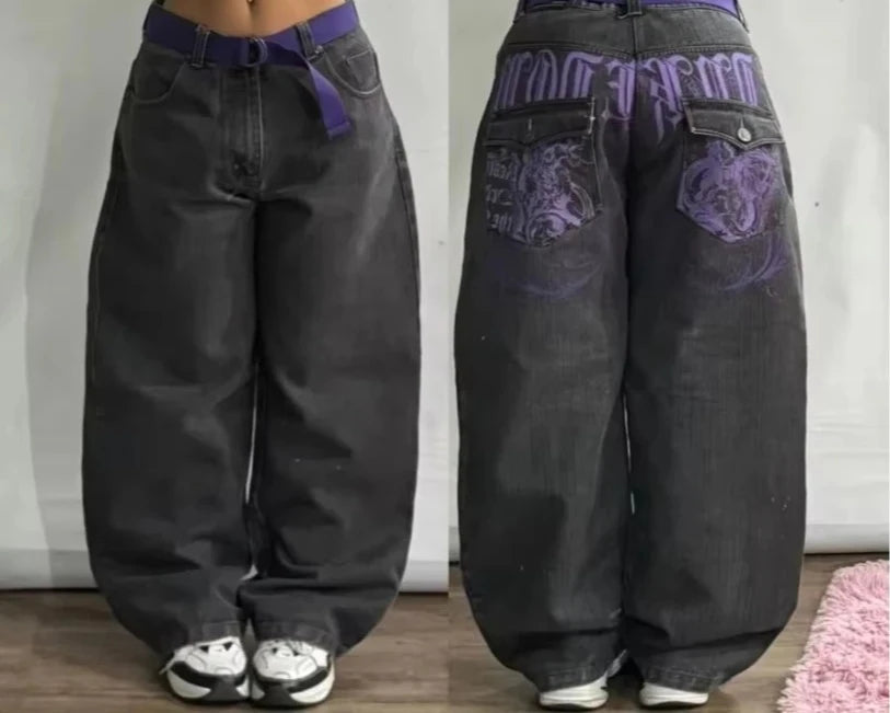 Letters Embroidered Big Pockets Washed Baggy Jeans Women High Street Vintage