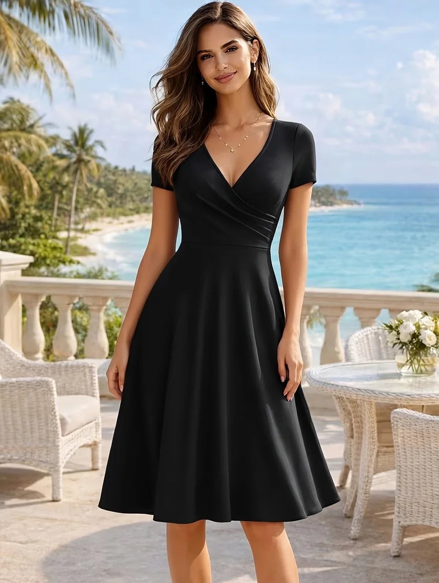 Women's Elegant Round Neck Summer Short Sleeve Solid A-Line Knee-length Dress