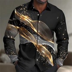 Men's long-sleeved shirt, stylish geometric print shirt, business casual slim-fit long-sleeved collared shirt for men.
