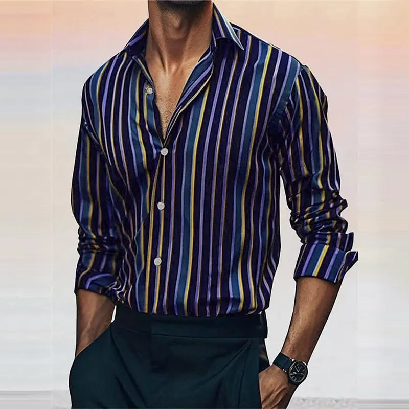 Men's Striped Shirt Fashionable Casual Long Sleeved Lapel Button Soft And Comfortable