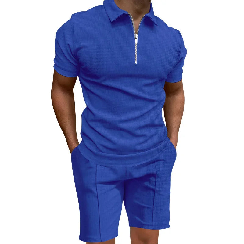 Men's summer suits solid color waffle lapel slim-fit short sleeve t-shirt