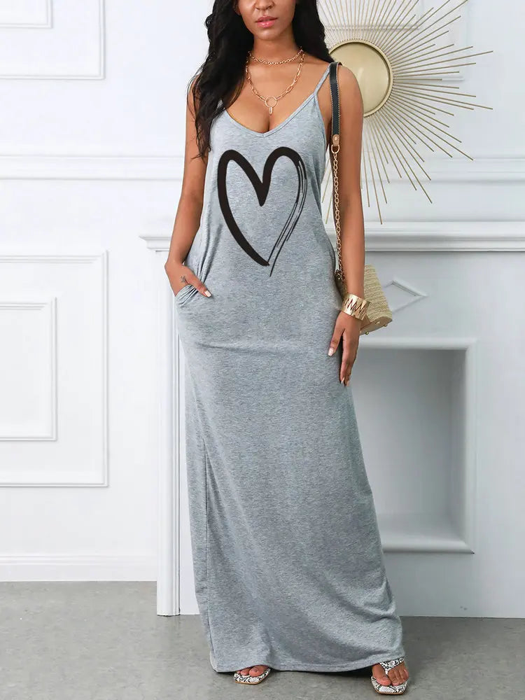 Women's Suspender Printed Dress Pocket T-shirt Style Mini Dresses