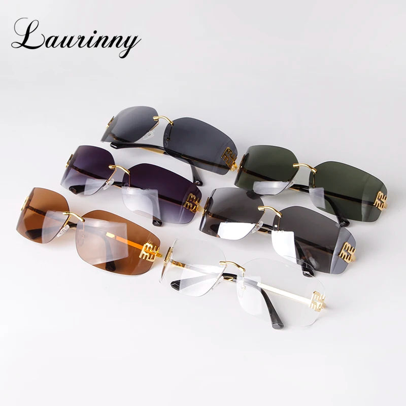 Trend Curved Rimless Film Lens Sunglasses Women Men Brand Design Metal Rivets Gradient Frameless Rectangle Shades Sun Glasses UV