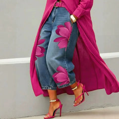 American Street Flower Printed High Waisted Jeans with Loose and Wide Legs