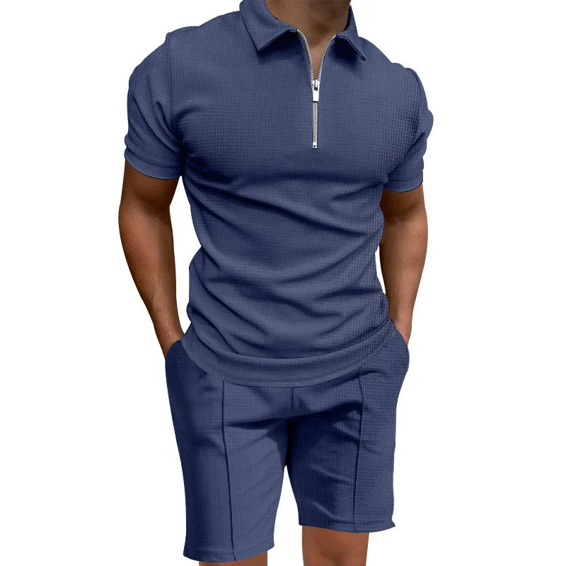 Men's summer suits solid color waffle lapel slim-fit short sleeve t-shirt