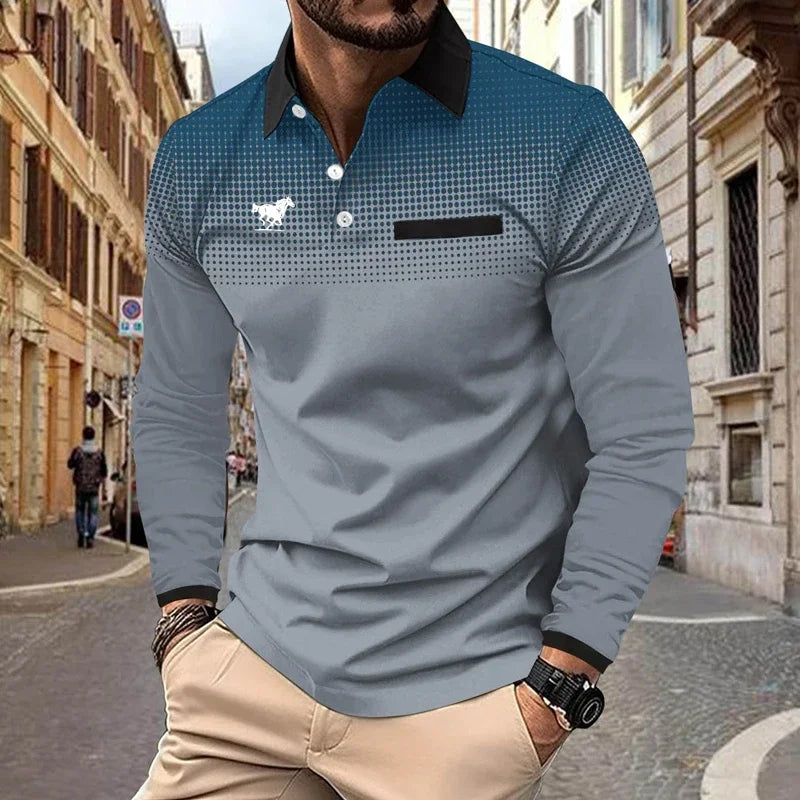 Men Clothes New Long Sleeve 3D Digital Print Lapel Polo Shirt Men Fashion Fake Pocket Stitching Tops Men Golf Polo Shirt
