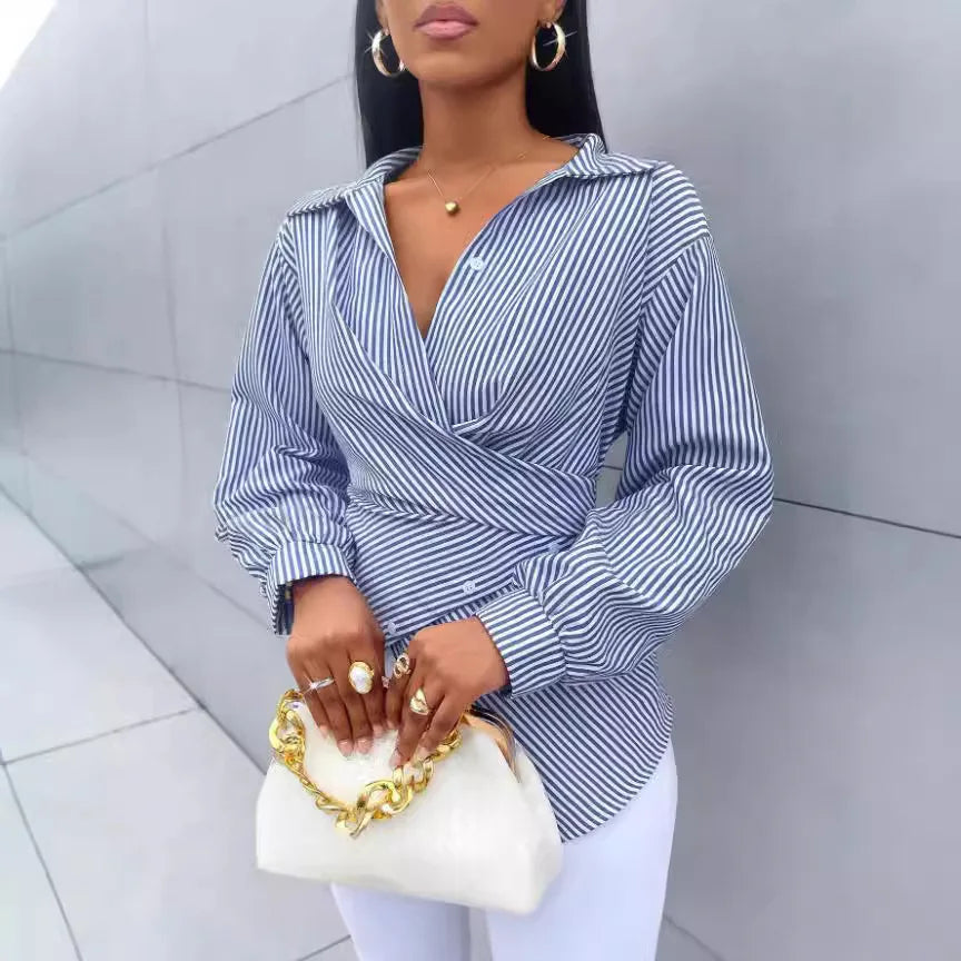 Women's Shirts Striped Printed New Fashion Loose Casual Blouses Irregular Cross Long-sleeved