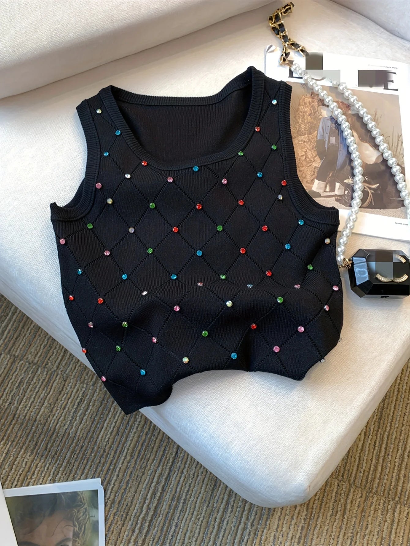 Colorful Rhinestone Knitted Tank Top Casual Crew Neck Sleeveless