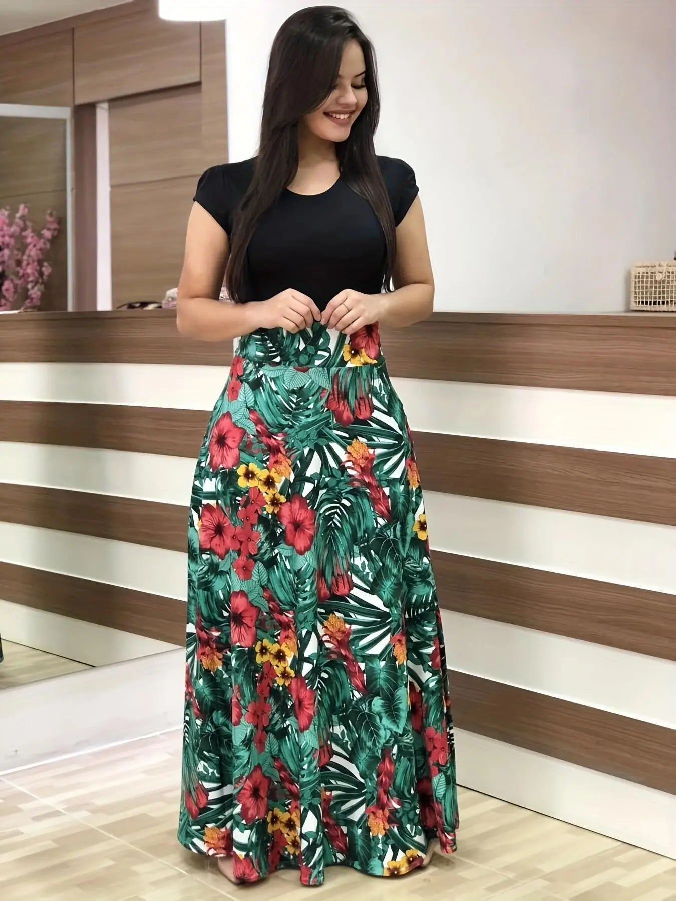 European and American style flower print color matching short sleeved dress