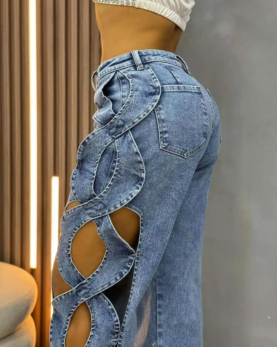 CM.YAYA Women Streetwear Cutout Hollow Out Criss Cross Side Wide Leg  Blue Denim Pants