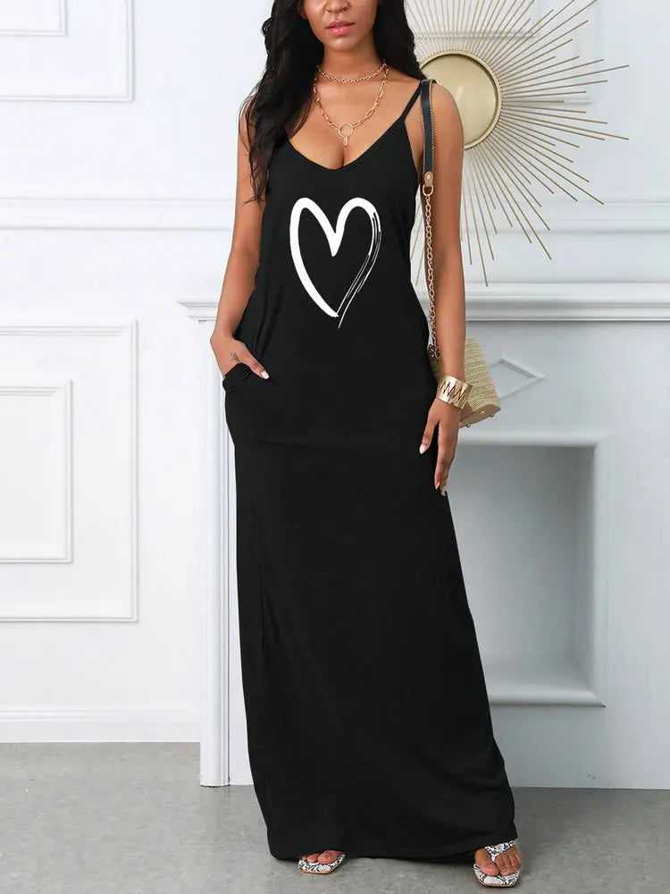 Women's Suspender Printed Dress Pocket T-shirt Style Mini Dresses