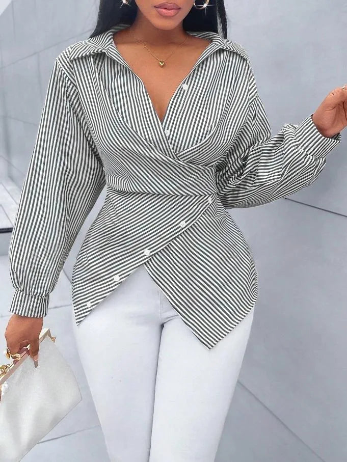 Women's Shirts Striped Printed New Fashion Loose Casual Blouses Irregular Cross Long-sleeved