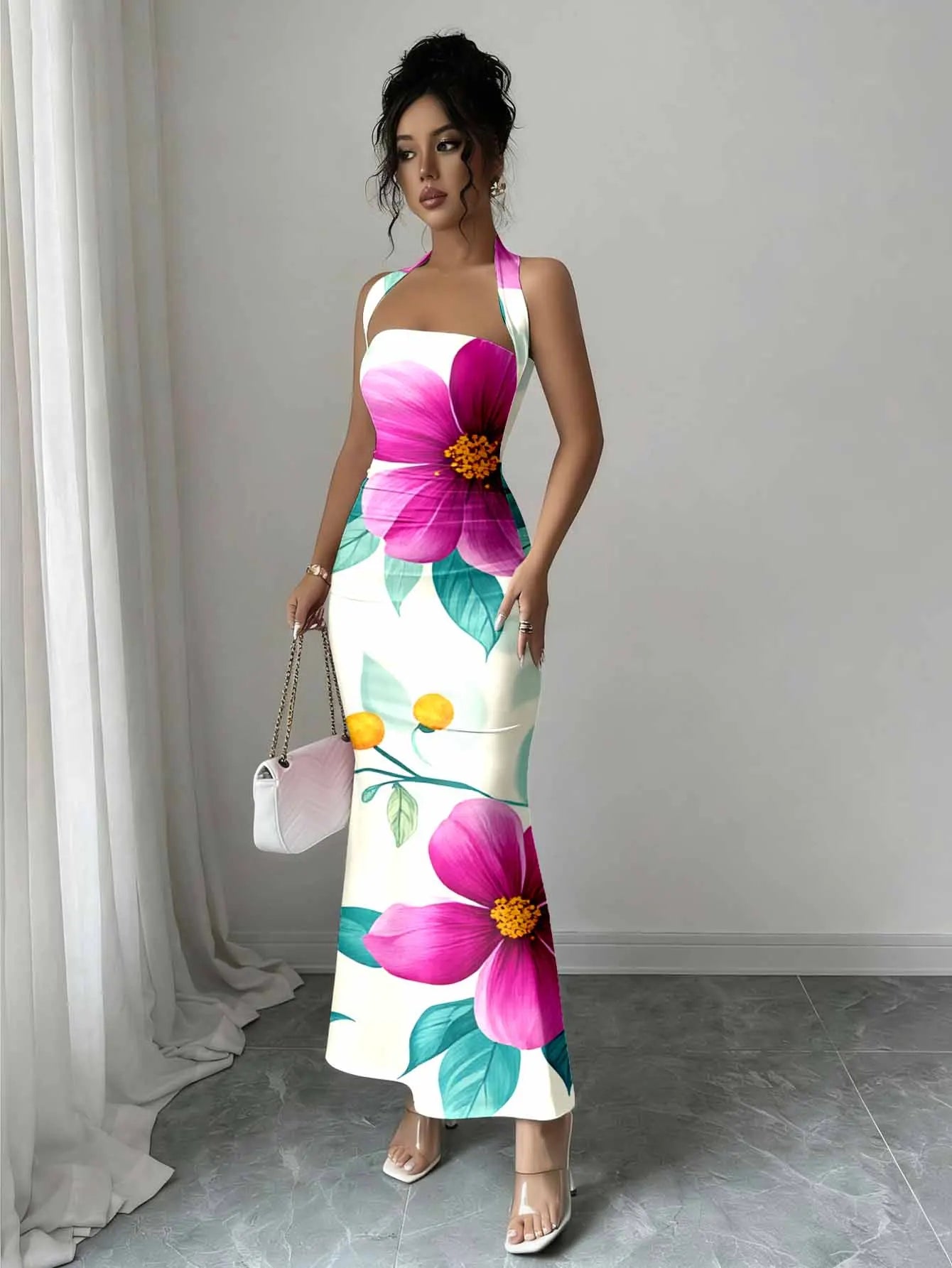 Hip-Hugging Sleeveless Long Skirt with Hanging Neck Design