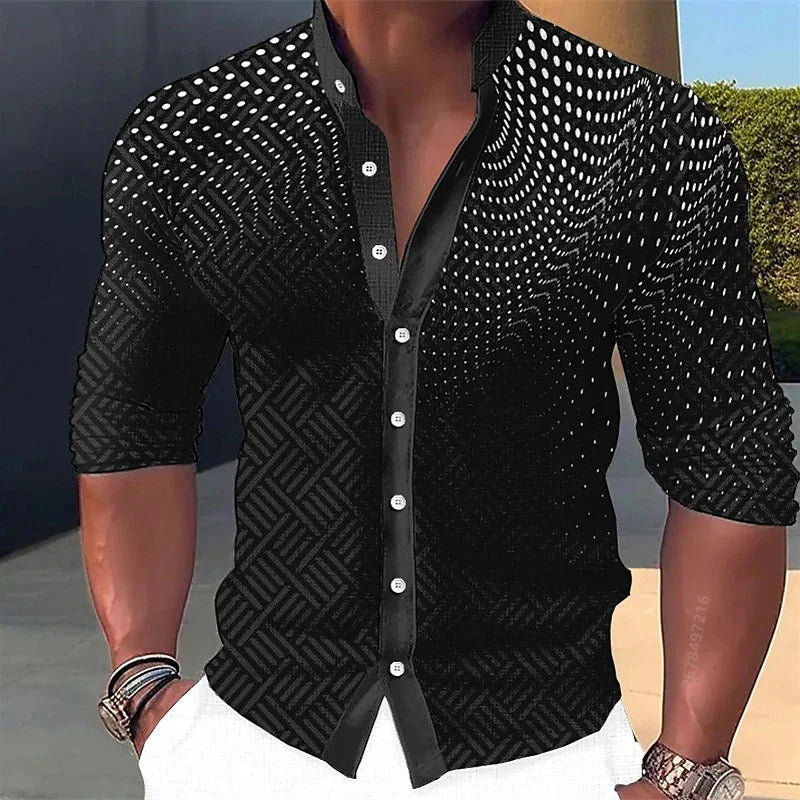 Men's long-sleeved shirt, stylish geometric print shirt, business casual slim-fit long-sleeved collared shirt for men.