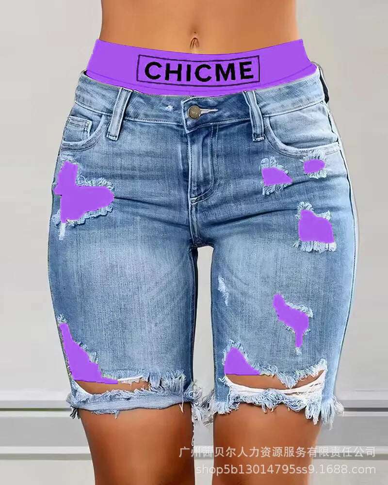 Fake Two-Piece Patchwork Cutout Ripped Jeans Women Ankle Length Fashion Casual High Waist Pencil Pants Denim