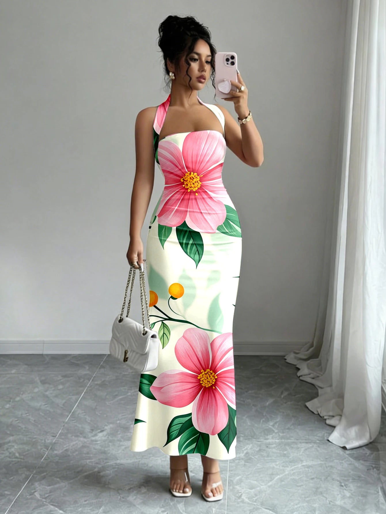 Hip-Hugging Sleeveless Long Skirt with Hanging Neck Design