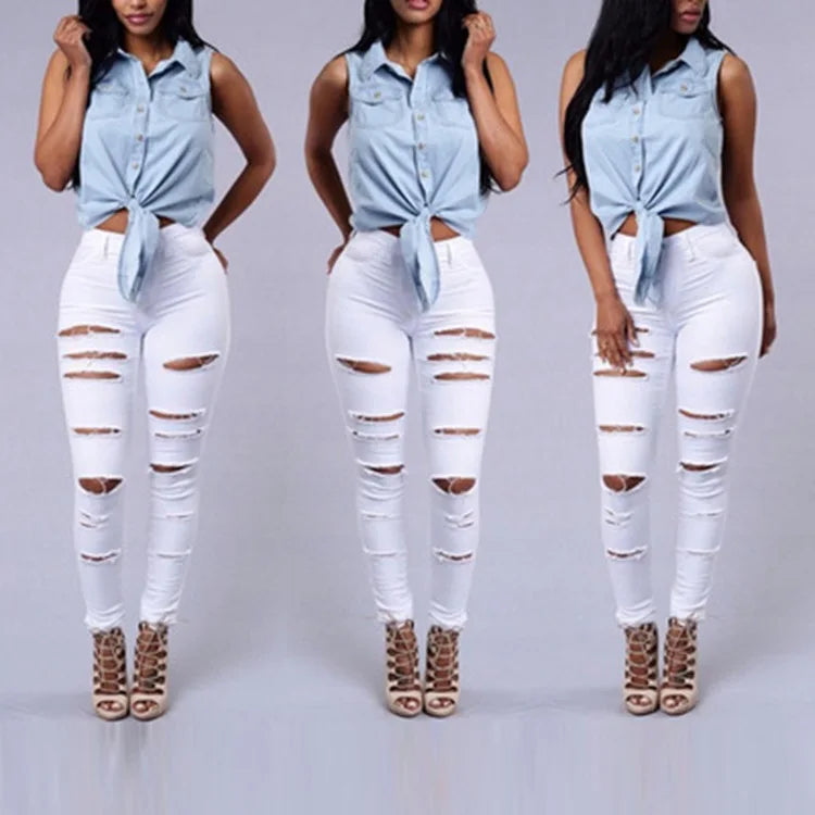 Elastic Trousers Black and White Ripped Jeans Fashion Sexy Skinny Denim Pencil Pants