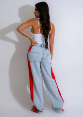 Women'S Denim Pants Summer Fashion Side Patchwork Striped Wide Leg Jeans Lady Casual High Waist Elastic Denim Straight Leg Pants