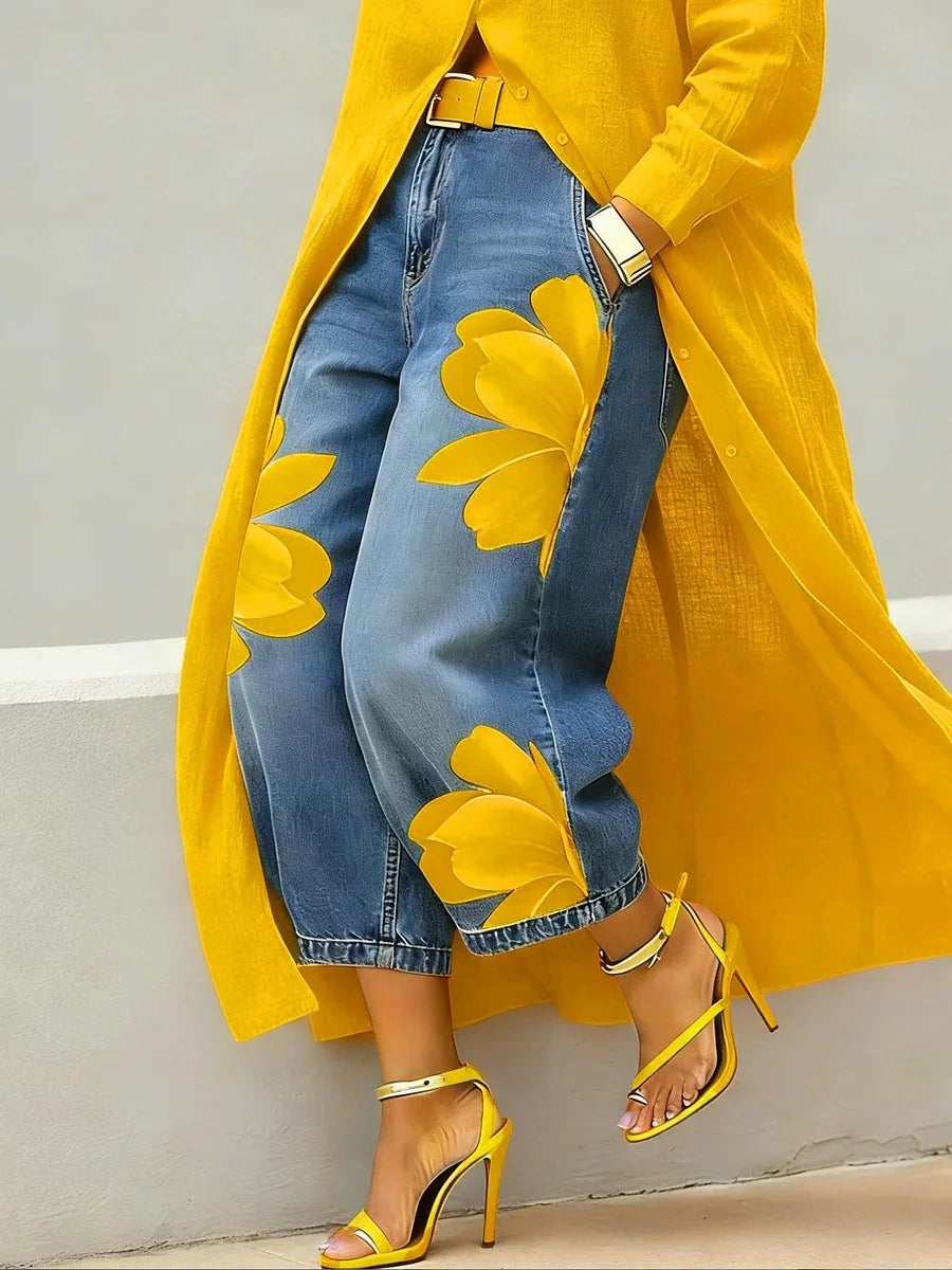 American Street Flower Printed High Waisted Jeans with Loose and Wide Legs