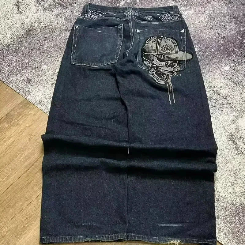 Letters Embroidered Big Pockets Washed Baggy Jeans Women High Street Vintage